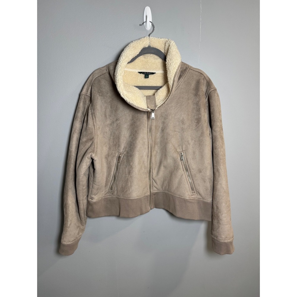 Lauren Ralph Lauren Womens XL Faux Suede Sherpa Lined Bomber Jacket Taupe Tan‎